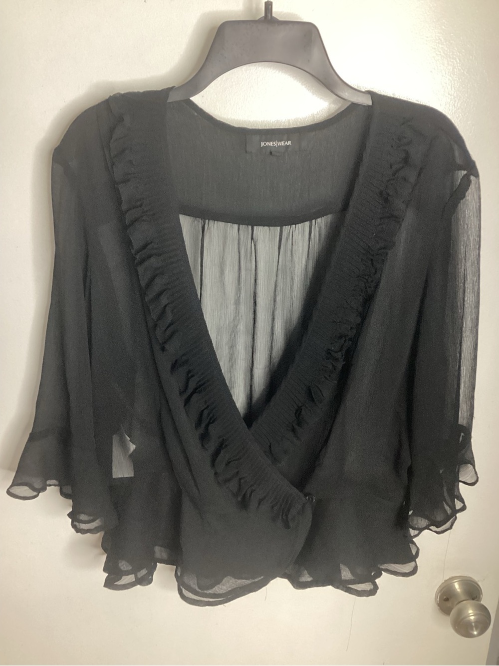 Jones New York Black Sheer Ruffle Wrap Blouse 14
